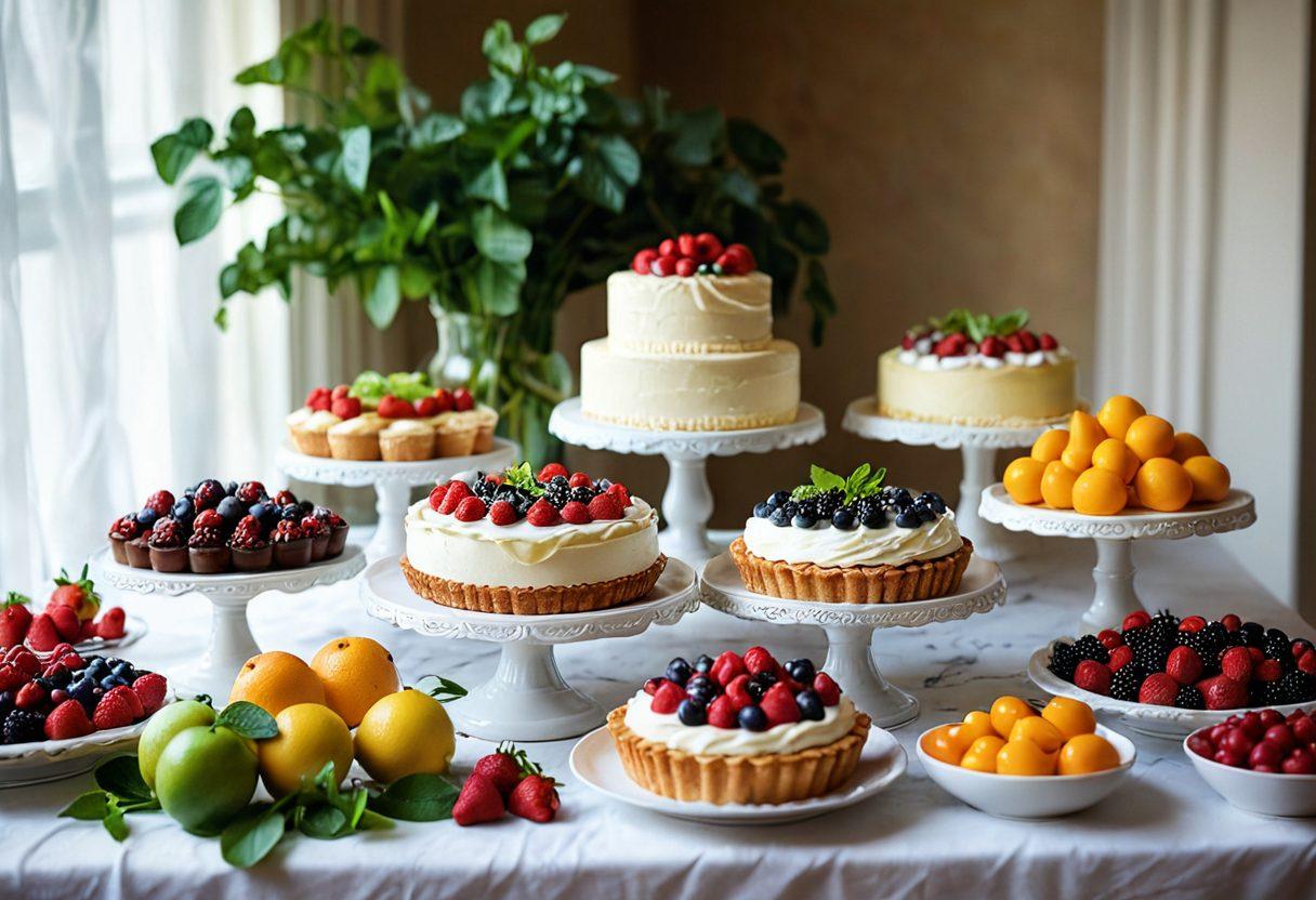A beautifully arranged dessert table showcasing a variety of cream pies with luscious toppings, surrounded by vibrant fruits and mint leaves. The pies should have a glossy finish and intricate designs, with one being sliced to reveal its creamy interior. Soft lighting should create a warm, inviting atmosphere, with a blurred kitchen backdrop. The scene evokes a sense of indulgence and sweetness. super-realistic. vibrant colors. soft focus.