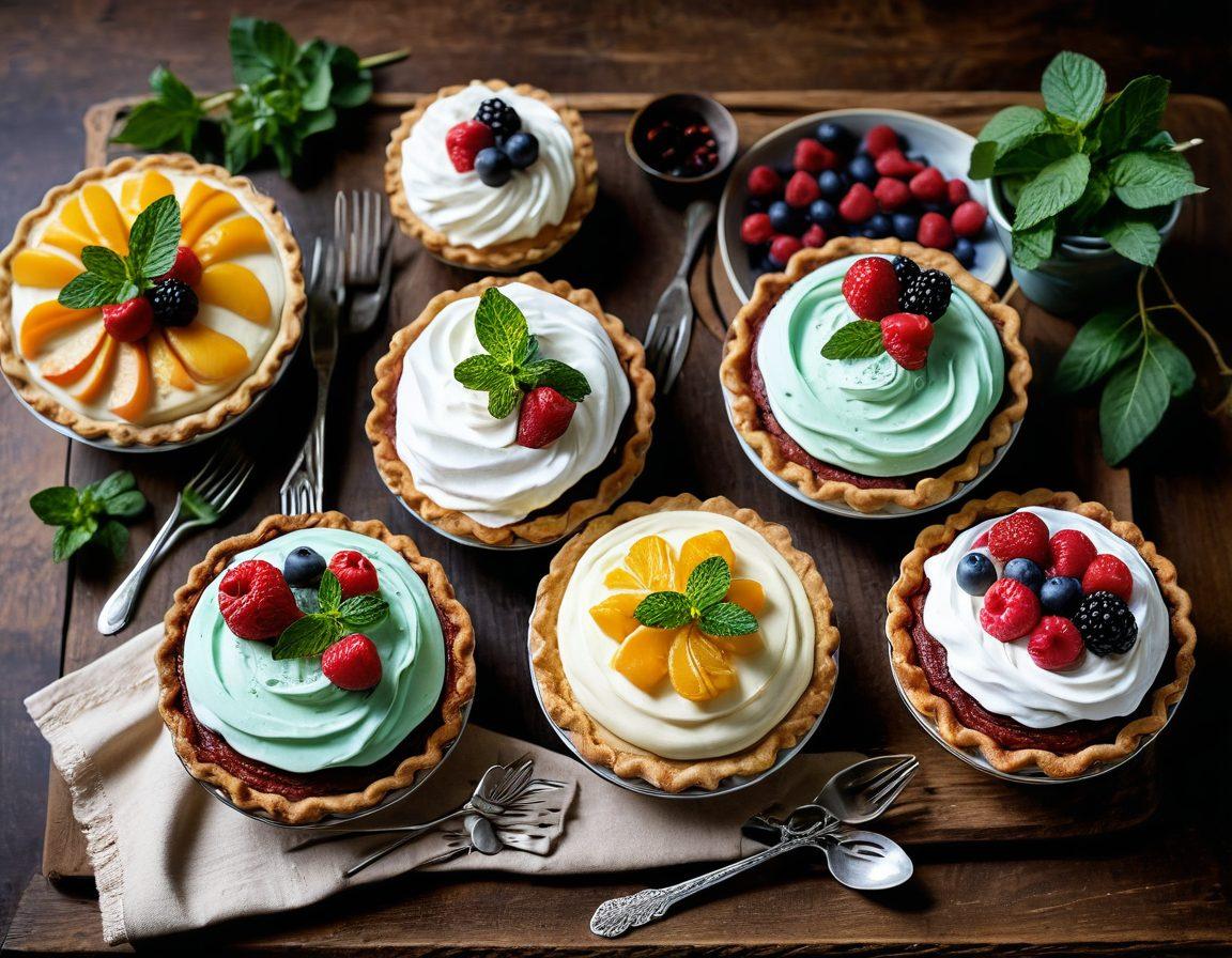 An enticing display of various cream pies, showcasing a vibrant array of flavors and toppings, set against a rustic wooden table. Each pie should be elegantly sliced, revealing their creamy interiors, with fresh fruits and whipped cream artfully arranged around them. Soft, warm lighting creates a cozy atmosphere that evokes sweet cravings. Include subtle decorations, such as sprigs of mint and colorful pie forks, to enhance the scene. super-realistic. warm colors. soft focus.