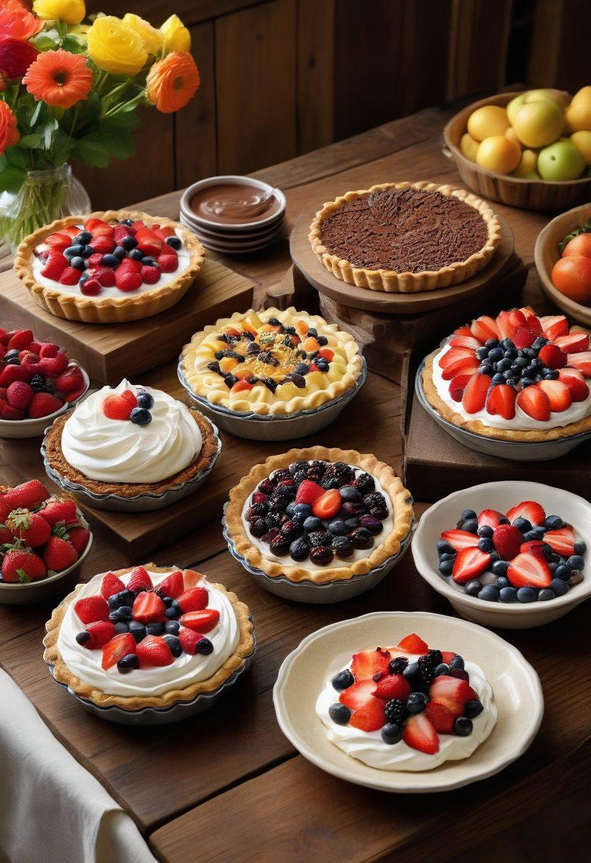 A mouthwatering selection of various cream pies elegantly displayed on a rustic wooden table, surrounded by fresh fruits and delicate flowers. Each pie is creatively decorated with whipped cream, chocolate shavings, and vibrant toppings, capturing the essence of indulgence. Soft, warm lighting enhances the delicious textures, inviting viewers to indulge. The background features an inviting kitchen setting. super-realistic. vibrant colors. soft lighting.